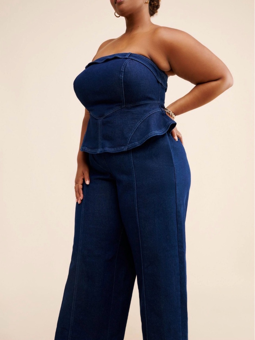 ELOQUII Strapless Peplum Denim Jumpsuit - Deep Indigo